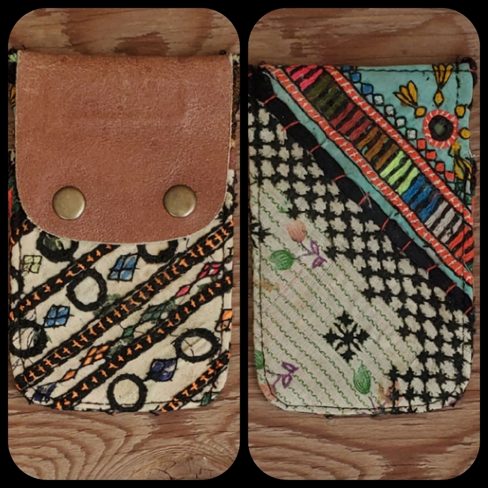🧠🍳 Free People Boho Embroidered Repurposed vtg banjara hippie Wallet card case